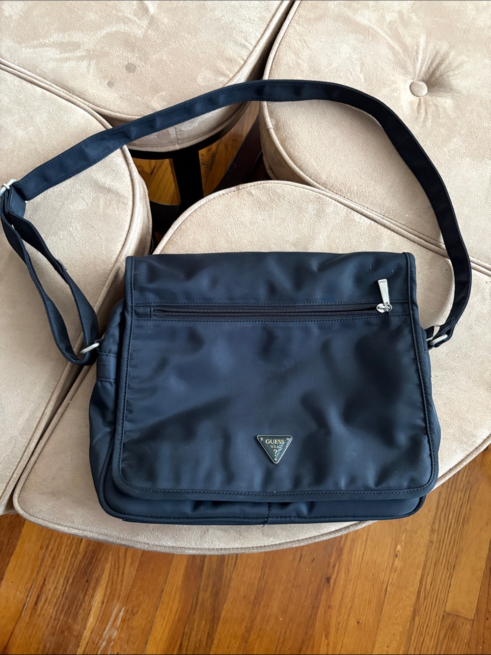 GUESS Black Nylon Messenger Bag with Logo Plaque